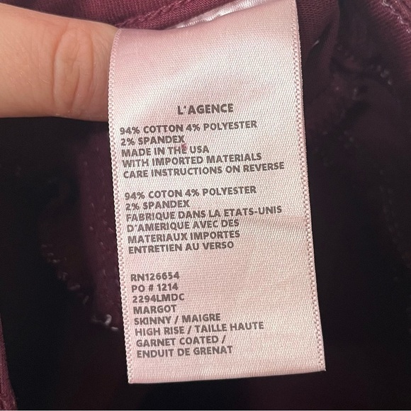 L'Agence Margot Wax Coated Skinny Jeans Garnet Burgundy Size 25 Super Stretch - Picture 13 of 14